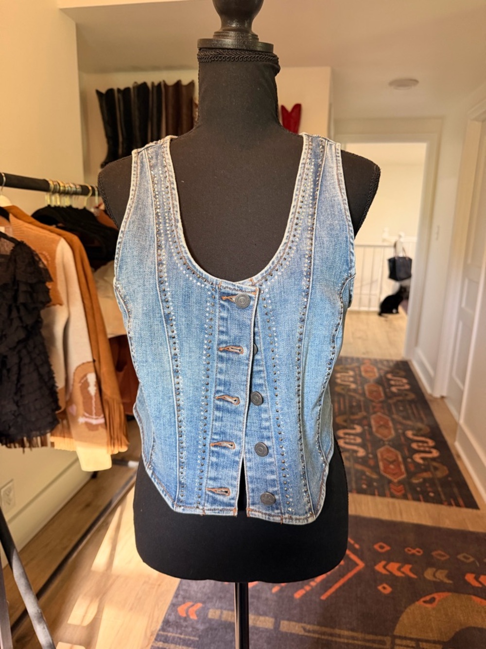 Idyllwind Light Blue Denim Vest with Rhinestone Trim